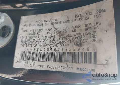 2007 Mitsubishi Eclipse Spyder Gt from USA, damaged, VIN 4A3AL35T67E022949